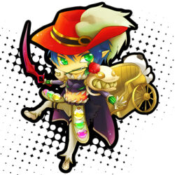 1boy armor blue_hair cape cavalier_hat chibi chibi_only commentary_request crop_top flower flower_in_mouth full_body genetic_(ragnarok_online) green_eyes grey_shoes hat holding holding_sword holding_weapon looking_at_viewer lowres male_focus midriff pants pauldrons picojan_w plume pointy_ears potion pullcart purple_cape ragnarok_online red_flower red_hat red_rose rose shoes short_hair shoulder_armor solo sword weapon white_pants
