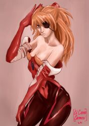 1girl badthesaint blue_eyes bodysuit bodysuit_removed breasts brown_hair closed_mouth covered_navel curvy eyepatch hairpods highres long_hair mecha_pilot_suit neon_genesis_evangelion plugsuit_(evangelion) rebuild_of_evangelion red_bodysuit shiny_skin signature simple_background small_breasts solo souryuu_asuka_langley standing tsundere two_side_up undressing wide_hips