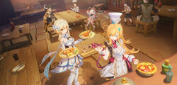 2boys 5girls absurdres blonde_hair blue_eyes chef_hat cooking dress dutch_angle escoffier_(genshin_impact) flower food genshin_impact hair_flower hair_ornament hat highres ladle long_hair lumine_(genshin_impact) multiple_boys multiple_girls navia_(genshin_impact) official_art one_eye_closed paimon_(genshin_impact) plate restaurant scarf short_hair_with_long_locks white_dress white_hat white_scarf wrist_cuffs yellow_eyes