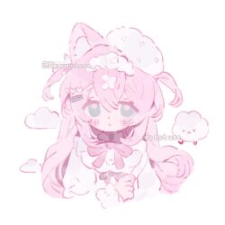 1girl animal_ear_fluff animal_ears blue_eyes cropped_torso dress hair_between_eyes hair_ornament long_hair looking_at_viewer memuro original parted_lips pink_hair puffy_sleeves solo twitter_username two_side_up upper_body white_background