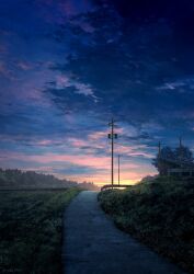 building gradient_sky guard_rail highres mks no_humans orange_sky original outdoors path power_lines purple_sky road scenery sky twitter_username utility_pole