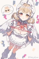 1girl alice_thymefield blonde_hair breasts cat&#039;s_cradle cleavage closed_mouth double_bun dress gloves hair_bun heterochromia highres large_breasts leg_warmers miri_(cherryjelly) official_alternate_costume orange_eyes simple_background solo standing twitter_username white_background white_dress white_gloves white_leg_warmers white_wings wings yellow_eyes zenless_zone_zero