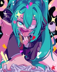 ! !! 1girl abstract_background absurdres aqua_hair black_jacket black_necktie black_skirt blue_eyes clothes_grab clothes_pull collared_shirt drooling eyeball eyepatch hair_between_eyes hair_intakes hatsune_miku heart heart-shaped_pupils highres holding_another&#039;s_arm jacket korean_commentary long_hair looking_at_viewer medical_eyepatch monitoring_(vocaloid) mouth_drool multicolored_eyes necktie open_mouth pleated_skirt pov shirt shirt_grab shirt_pull skirt smile solo sparkle star_(symbol) symbol-shaped_pupils twintails vest vocaloid white_shirt ydo0625 yellow_vest