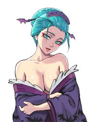 1girl absurdres animal_print bare_shoulders bat_print breasts cleavage collarbone darkstalkers eyeshadow geisha green_eyes green_hair highres japanese_clothes kimono large_breasts makeup morrigan_aensland print_kimono purple_kimono simple_background solo upper_body watcher_hollow white_background