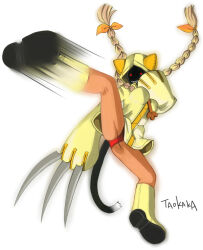 1girl alice_(afternoon_gleam) animal_ears bad_source blazblue blonde_hair boots bow braid cat_ears cat_girl character_name claws commentary_request dark-skinned_female dark_skin dated_commentary dress full_body hair_bow hood hood_up hooded_dress kicking long_hair looking_at_viewer motion_blur orange_bow panties red_eyes red_panties sharp_teeth short_dress simple_background solo taokaka teeth twin_braids underwear white_background yellow_boots yellow_dress