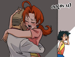 1girl 2boys ash_ketchum black_hair blush calling closed_eyes clueless coat commentary delia_ketchum gigobyte350 hand_up hetero implied_sex indoors long_hair mature_female motherly_netorare multiple_boys nintendo old old_man open_mouth pink_shirt pokemon pokemon_(anime) ponytail raised_eyebrows red_shirt saliva samuel_oak shirt short_hair sleeveless sleeveless_shirt sweat tank_top teeth tongue upper_teeth_only yellow_shirt