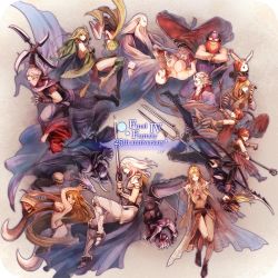 5girls 6+boys anniversary armor bald barbariccia beard black_armor black_footwear black_leotard blonde_hair boots brother_and_sister cagnazzo cain_highwind cecil_harvey character_request cid_pollendina circle_formation closed_eyes copyright_name creature dual_persona edward_chris_von_muir edward_geraldine facial_hair fetal_position final_fantasy final_fantasy_iv full_armor fusoya glasses golbez green_boots green_hair grey_background grin helmet highres holding holding_polearm holding_spear holding_staff holding_sword holding_weapon knee_boots leotard long_hair mask messy_hair monster multiple_boys multiple_girls old old_man own_hands_clasped own_hands_together palom pants polearm porom rosa_farrell rubicante rydia_(ff4) sasanomesi scarmiglione shuriken siblings smile spear square_enix staff sword tellah thigh_boots thighhighs topless_male twins upside-down weapon white_hair whyt yang_fang_leiden