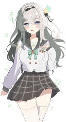 black_hairband blush bow bowtie buttons checkered_bow checkered_bowtie checkered_clothes checkered_skirt collared_shirt crossed_legs double-breasted firefly_(honkai:_star_rail) firefly_(spring_missive)_(honkai:_star_rail) gradient_eyes green_bow green_bowtie green_pupils grey_hair grey_sailor_collar grey_skirt hair_between_eyes hair_intakes hair_ornament hair_ribbon hairband hand_on_own_chest highres honkai:_star_rail honkai_(series) long_hair long_sleeves multicolored_eyes nuuuukoame open_mouth pleated_skirt ribbon sailor_collar shirt simple_background skirt smile thighhighs two-tone_eyes white_background white_shirt white_sleeves white_thighhighs