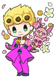 Rule 34 | 1boy, 1other, absurdres, blonde hair, chibi, chibi only, cleavage cutout, clothing cutout, colored skin, commentary, earrings, flower, giorno giovanna, green eyes, high collar, highres, jacket, jewelry, jojo no kimyou na bouken, ladybug ornament, long sleeves, m a a m 8, male focus, pants, petals, pink eyes, pink flower, pink jacket, pink pants, pink rose, pink skin, rose, smile, stand eyecatch (jojo), star (symbol), star print, steel ball run, stud earrings, symbol-only commentary, tusk (stand), tusk act1, vento aureo, white background, white flower, wing ornament