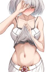 1girl absurdres bare_shoulders blush bob_cut breasts camisole camisole_lift clothes_lift collarbone covering_face embarrassed full-face_blush grey_hair groin highres lifting_own_clothes looking_down medium_breasts midriff mio_(xenoblade) navel okazu2010015 short_hair simple_background skirt solo stomach white_background white_skirt xenoblade_chronicles_(series) xenoblade_chronicles_3 yellow_eyes