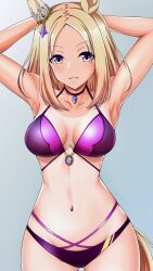 arms_behind_head arms_up bikini breasts ear_ornament highres horse_tail large_breasts looking_at_viewer narita_top_road_(umamusume) navel oryou_gunsou purple_bikini swimsuit tail umamusume