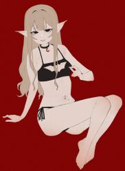 1girl absurdres anemoneeanemone bare_arms bare_legs bare_shoulders barefoot bat_cutout black_bra black_choker black_eyes black_panties blonde_hair borrowed_character bra breasts choker cleavage_cutout clothing_cutout full_body highres long_hair long_pointy_ears looking_at_viewer mavie_(justadrian) mole mole_on_stomach mole_under_eye mole_under_mouth navel_piercing original panties parted_lips piercing pointy_ears red_background side-tie_panties simple_background small_breasts smile solo underwear