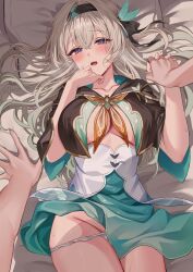 1boy 1girl bed black_bow black_hairband black_jacket blue_pupils blush bow breasts breath clothes_pull collarbone commentary_request firefly_(honkai:_star_rail) from_above gradient_hair green_hair green_skirt grey_hair groin hair_between_eyes hair_bow hair_spread_out hairband hand_grab hand_up highres hizuki_higure honkai:_star_rail honkai_(series) jacket large_breasts looking_at_viewer lying multicolored_hair navel on_back on_bed open_mouth paid_reward_available panties panty_pull pillow pov pov_hands purple_eyes shirt shirt_pull skirt stomach sweat underwear white_panties white_shirt