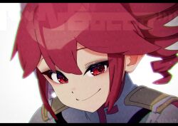 1girl belt black_belt drill_hair fin_gocco grey_jacket hair_between_eyes hair_ribbon highres jacket kasane_teto kasane_teto_(sv) looking_at_viewer portrait red_eyes red_hair red_trim ribbon shoulder_belt shoulder_boards simple_background smile solo synthesizer_v twin_drills utau white_background white_ribbon