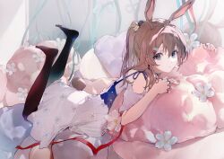 Rule 34 | 1girl, amiya (arknights), animal ears, arknights, black pantyhose, blue eyes, brown hair, dress, flower, highres, jewelry, long hair, majiro (mazurka), multiple rings, neck ring, no shoes, pantyhose, ponytail, rabbit ears, rabbit girl, rabbit tail, ring, solo, tail, white dress, white flower