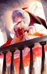 1girl alternate_costume bare_shoulders bat_wings beret blue_hair breasts commentary_request dress female_focus grin hat heart highres indoors long_sleeves looking_at_viewer off-shoulder_dress off_shoulder parted_lips railing red_dress red_eyes remilia_scarlet short_hair small_breasts smile solo standing touhou white_hat window wings yuki_(popopo)