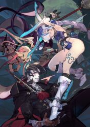 1boy 2girls absurdres arm_tattoo arm_up black_gloves black_hair blood bloody_weapon blue_dress blue_eyes boots braid dress fangs gloves grey_boots hair_over_one_eye highres horns leg_tattoo long_hair multiple_girls pink_hair red_gloves short_hair sideless_dress so-taro sword_world_2.5 tattoo tongue tongue_out vampire very_long_hair weapon