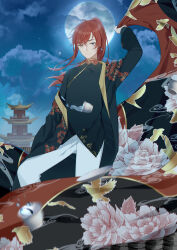 Rule 34 | 1boy, absurdres, animal print, architecture, bird print, black cape, black robe, black shirt, blue sky, cape, castle, chinese clothes, closed mouth, cloud, cup, dress pants, earrings, east asian architecture, feet out of frame, floating hair, floral print, full moon, hair between eyes, heterochromia, highres, holding, holding unworn cape, holding unworn clothes, jewelry, kirina zero, long hair, long sleeves, looking at viewer, male focus, mandarin collar, moon, night, night sky, original, outdoors, pants, ponytail, purple eyes, red cape, red hair, robe, shirt, single earring, sky, smile, solo, star (sky), starry sky, swept bangs, tangzhuang, two-sided cape, two-sided fabric, unworn cape, very long hair, water, white pants, wind, yellow eyes