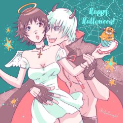 1boy 1girl allie_(united_f) angel_wings arm_around_waist artist_name black_cape black_gloves black_hair blue_eyes cape cross cross_necklace cupcake dante_(devil_may_cry) demon_horns devil_may_cry_(series) dress fangs fingerless_gloves food gloves green_background green_eyes halo happy_halloween heterochromia horns jewelry lady_(devil_may_cry) necklace open_mouth red_eyes silk smile spider_web star_(symbol) white_dress white_hair wings