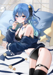 1girl absurdres blue_eyes blue_hair breasts cleavage highres hololive hoshimachi_suisei long_hair looking_at_viewer lying off_shoulder smile solo virtual_youtuber yukineko1018