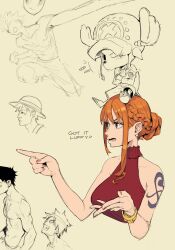 1girl 2boys antlers antlers_through_headwear bangle bare_shoulders bracelet braid breasts brown_eyes cropped_torso crossed_arms devil_fruit_power dress earrings edpan elasticity hair_bun hair_up hat highres horns jewelry large_breasts long_hair monkey_d._luffy multiple_boys nami_(one_piece) official_alternate_costume official_alternate_hairstyle on_head one_piece open_mouth orange_hair pearl_earrings pointing pointing_forward red_dress reindeer_antlers reindeer_boy scar scar_on_chest shoulder_tattoo sidelocks simple_background sitting sleeveless sleeveless_dress straw_hat stretched_limb tattoo tony_tony_chopper topless_male upper_body