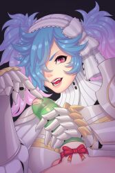 1boy 1girl absurdres armor black_background blue_hair bow christmas condom erection fire_emblem fire_emblem_fates gift gloved_handjob gloves gradient_hair hair_bow hair_over_one_eye handjob hetero highres large_penis lips long_hair looking_at_viewer multicolored_hair nintendo open_mouth penis peri_(fire_emblem) pink_hair red_eyes seios twintails two-tone_hair upper_body