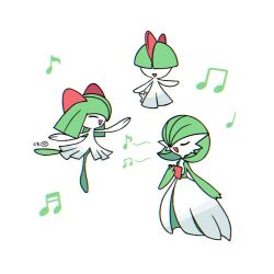 bob_cut bowl_cut closed_eyes colored_skin dress evolutionary_line gardevoir gen_3_pokemon green_hair green_skin hair_over_eyes hair_over_one_eye highres horns kirlia kumo_o_o multicolored_skin musical_note nintendo pokemon pokemon_(creature) ralts sidelocks signature smile two-tone_skin white_dress white_skin