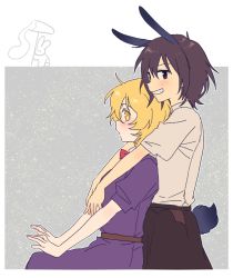 2girls animal_ears belt black_skirt blonde_hair blush bow breasts brown_belt brown_eyes brown_hair collared_dress commentary_request dress eyelashes food grey_background grin hair_between_eyes unworn_headwear kine looking_at_viewer mallet maribel_hearn medium_breasts mochi multiple_girls purple_dress rabbit rabbit_ears rabbit_tail re_ghotion red_bow red_neckwear shirt short_hair short_sleeves sideways_glance sitting skirt smile standing tail touhou upper_body usami_renko white_shirt wing_collar yellow_eyes