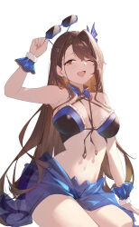 1girl absurdres arm_up armpits bare_shoulders beatrix_(granblue_fantasy) beatrix_(summer)_(granblue_fantasy) bikini black_bikini blue-framed_eyewear blue_sarong blush breasts brown_eyes brown_hair commentary_request granblue_fantasy highres holding holding_removed_eyewear large_breasts long_hair looking_at_viewer navel official_alternate_costume open_mouth sarong see-through_clothes see-through_sarong semi-rimless_eyewear simple_background smile solo sukaliya sunglasses swimsuit thighs unworn_eyewear wet white_background wrist_wrap