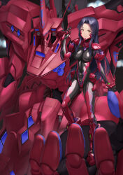 1girl armored_bodysuit black_bodysuit black_hair bodysuit breasts covered_navel fortified_suit grin headgear highres impossible_bodysuit impossible_clothes kurione_(zassou) long_hair looking_at_viewer mecha mecha_pilot_suit medium_breasts multicolored_bodysuit muv-luv muv-luv_alternative original purple_bodysuit red_bodysuit robot shiny_clothes skin_tight smile solo standing type_00_takemikazuchi yellow_eyes