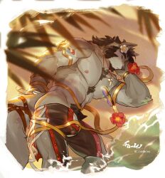 1boy abs bara black_hair blurry blurry_foreground border bulge chest_hair cilohnoino facial_hair flower furry furry_male goatee hibiscus large_pectorals lying male_focus nipples on_side open_fly original outdoors parted_lips pectorals shore sleeping solo sunglasses tail_belt white_border