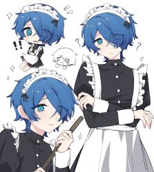 ! !! 1boy ? @_@ absurdres apron aqua_eyes black_dress blue_hair broom chibi chibi_inset crossdressing crossed_arms dress eyes_visible_through_hair flying_sweatdrops frown grey_background hair_over_one_eye highres holding holding_broom looking_at_viewer maid maid_apron maid_headdress male_focus male_maid milgram multiple_views open_mouth sakurai_haruka_(milgram) short_hair simple_background sparkle sweat wavy_mouth yingwux1