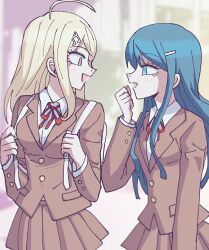 1990s_(style) 2girls ahoge akamatsu_kaede backpack bag blonde_hair blue_eyes blue_hair blush breasts brown_jacket brown_skirt buttons collared_shirt danganronpa:_trigger_happy_havoc danganronpa_(series) danganronpa_v3:_killing_harmony eyelashes fortissimo hair_ornament hairclip happy holding holding_bag hope&#039;s_peak_academy_school_uniform jacket long_hair long_sleeves maizono_sayaka multiple_girls musical_note musical_note_hair_ornament open_mouth pleated_skirt profile retro_artstyle school_uniform shirt shju0101 simple_background skirt smile upper_body white_bag white_shirt