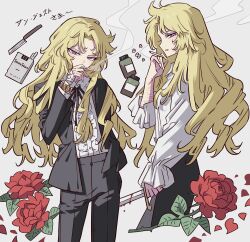 1girl asaka_rei bandaged_arm bandages black_jacket black_pants black_ribbon black_suit blonde_hair blood bloody_weapon bracelet center_frills character_name cigarette collared_shirt dagger flower formal_clothes frills hand_up highres holding holding_cigarette holding_dagger holding_knife holding_weapon jacket jewelry knife long_hair long_sleeves looking_at_viewer meremero neck_ribbon oniisama_e... pants parted_bangs pill pill_bottle purple_eyes red_flower red_rose ribbon rose self-harm_scar shirt simple_background smile smoking standing suit translation_request weapon white_shirt