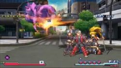 1boy 2girls animal_ears animated animated_gif arisu_reiji bouncing_breasts breasts cleavage collar fox_ears lowres multiple_girls project_x_zone saya_(namco_x_capcom) silver_hair super_robot_wars xiaomu yellow_eyes