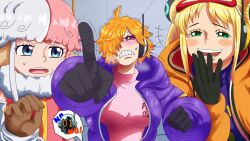 ! 1boy 3girls angry animal_ears artist_request blonde_hair blush blush_stickers bodysuit breasts disgust hair_over_one_eye heavy_breathing jacket large_breasts looking_at_another looking_at_viewer multiple_girls one_piece open_clothes open_jacket open_mouth orange_hair pink_eyes shiny_clothes shiny_skin short_hair skin_tight smile sweat trembling twintails vegapunk_atlas vegapunk_lilith vegapunk_shaka vegapunk_york wide_hips