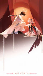 Rule 34 | 1boy, 1girl, absurdres, alternate costume, black eyes, black hair, black shoes, black wings, breasts, camellya (wuthering waves), cape, commentary request, earrings, english text, eye contact, from side, gold earrings, hair vines, halo, highres, huqu (huqu45712), jewelry, looking at another, male rover (wuthering waves), medium breasts, pants, rover (wuthering waves), shoes, short hair, white cape, white hair, white pants, wings, wuthering waves, yellow eyes