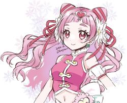 closed_mouth clover_earrings cone_hair_bun cure_yell four-leaf_clover_earrings hair_bun heart_pouch hugtto!_precure layered_skirt long_hair magical_girl nono_hana okayashi pink_eyes pink_hair precure short_bangs skirt smile thick_eyelashes waist_brooch