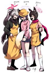 3girls aged_down alternate_height animal_ears apron black_skirt blonde_hair blue_archive breasts colored_inner_hair fox_ears fox_girl fox_tail grey_hair hair_over_one_eye halo height_chart highres izuna_(blue_archive) jacket kindergarten_uniform long_hair long_sleeves lop_rabbit_ears michiru_(blue_archive) miniskirt multicolored_hair multiple_girls ninjutsu_research_club_(blue_archive) pink_halo pink_jacket pleated_skirt purple_hair rabbit_ears rabbit_girl raccoon_ears raccoon_girl raccoon_tail ryuki_(red_dolphinman) skirt small_breasts tail tsukuyo_(blue_archive) twintails yellow_apron