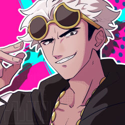 1boy collarbone commentary_request grey_eyes grin guzma_(pokemon) hand_up hood hood_down hooded_jacket jacket looking_at_viewer male_focus nintendo outline pink_background pokemon pokemon_sm smile solo sunglasses taso_donburi teeth watermark white_hair yellow-framed_eyewear