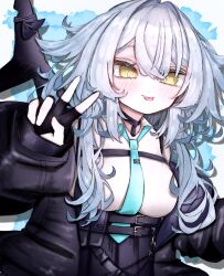 Rule 34 | 1girl, :p, aqua necktie, belt, black belt, black gloves, black jacket, black skirt, blue necktie, blush, breasts, chest harness, collared shirt, fang, fingerless gloves, fins, fish tail, gloves, grey hair, hair between eyes, harness, hasuboniru, highres, jacket, long hair, long sleeves, looking at viewer, medium breasts, necktie, open clothes, partially fingerless gloves, rurune (vrchat), shark tail, shirt, skin fang, skirt, sleeveless, sleeveless shirt, smile, solo, tail, tongue, tongue out, upper body, v, vrchat, white shirt, yellow eyes