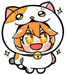 1girl :3 :d animal_costume animal_ears bell bkub blush_stickers cat_costume chibi chibi_only dot_nose full_body hair_between_eyes horse_girl jingle_bell matikanefukukitaru_(make-power_trio)_(umamusume) matikanefukukitaru_(umamusume) neck_bell open_mouth orange_eyes orange_hair short_hair simple_background smile solo sparkle star-shaped_pupils star_(symbol) symbol-shaped_pupils umamusume v-shaped_eyebrows white_background yellow_eyes