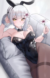1girl animal_ears black_bow black_bowtie black_leotard black_pantyhose bow bowtie braid braided_hair_rings breasts brown_eyes couch covered_navel cowboy_shot detached_collar flower grey_hair hair_flower hair_ornament hair_rings kaine_(nier) leotard looking_at_viewer lying medium_breasts nier nier_(series) nyyve on_side pantyhose playboy_bunny rabbit_ears single_hair_ring solo strapless strapless_leotard thighband_pantyhose white_hair wrist_cuffs