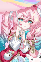 1girl absurdres aqua_bow aqua_bowtie aqua_eyes bow bowtie commentary_request dress drill_hair evzeva hat highres holding holding_umbrella honkai:_star_rail honkai_(series) hyacine_(honkai:_star_rail) little_ica_(honkai:_star_rail) long_hair looking_at_viewer multicolored_hair pantyhose pink_hair red_dress red_hat smile twin_drills two-tone_hair umbrella white_pantyhose