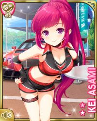 1girl asami_kei bare_arms black_shorts black_sports_bra black_vest breasts card_(medium) character_name cleavage closed_mouth day english_text girlfriend_(kari) hands_on_own_hips official_art outdoors pink_eyes pink_hair ponytail qp:flapper race_car race_queen race_track shorts smile solo sparkle sports_bra tagme vest volume_symbol