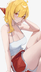 1girl absurdres alternate_costume bandana bare_shoulders blonde_hair blush breasts camisole cleavage dolphin_shorts from_side hand_on_own_cheek hand_on_own_face hashtag-only_commentary highres hololive hololive_indonesia kaela_kovalskia knees_up large_breasts looking_at_viewer red_bandana red_eyes red_shorts short_hair shorts simple_background sitting smile solo teeth virtual_youtuber white_background white_camisole yoellim5