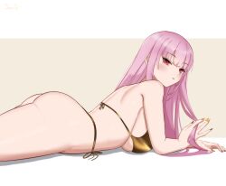 1girl ass bikini breasts curvy from_side gold_bikini gold_nails highres hololive hololive_english large_breasts long_hair lying micro_bikini mori_calliope on_stomach parted_lips pink_hair red_eyes senpaisif solo swimsuit very_long_hair virtual_youtuber