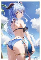 1girl ahoge alternate_costume artist_name ass back beach blue_flower blue_hair blue_sky breasts butt_crack cloud flower from_behind ganyu_(genshin_impact) genshin_impact glaze_lily hair_flower hair_ornament halterneck highres horns jewelry long_hair looking_at_viewer low_ponytail medium_breasts ponytail purple_eyes sidelocks skindentation sky smile sola_num_5130 solo standing summer swimsuit tassel thighlet thighs vision_(genshin_impact)