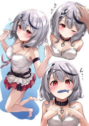 Rule 34 | 1girl, 1other, barefoot, belt collar, black collar, black hair, breasts, camisole, cleavage, closed mouth, collar, fang, feet, fish in mouth, grey hair, headpat, highres, hololive, large breasts, looking at viewer, medium hair, mouth hold, multicolored hair, one eye closed, red eyes, sakahana, sakamata chloe, sakamata chloe (1st costume), skin fang, soles, streaked hair, virtual youtuber, white camisole