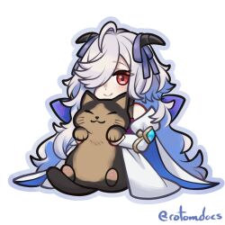 1girl animal cape cat chibi closed_mouth commentary eitr_(fire_emblem) english_commentary fire_emblem fire_emblem_heroes hair_over_one_eye holding holding_animal holding_cat horns long_hair looking_at_viewer nintendo red_eyes rotomdocs smile twitter_username very_long_hair white_background white_cape